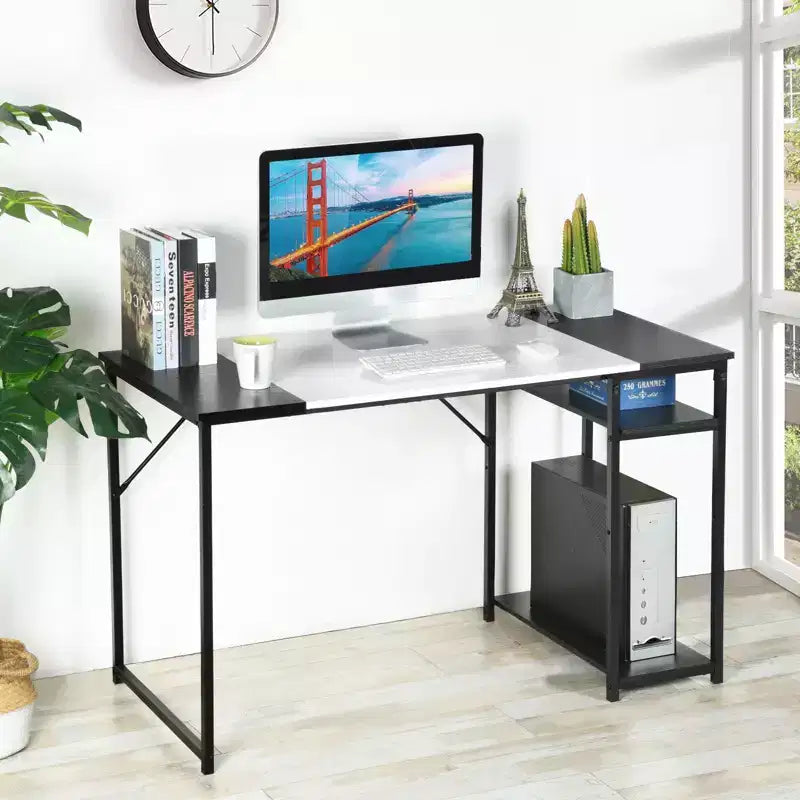 FurnitureR Scrivania per Studio da 120 cm con Ripiani Contenitori, Scrivania per Computer con Struttura in Metallo, Tavolo da Lavoro Salvaspazio per Ufficio Domestico, Nero/Bianco