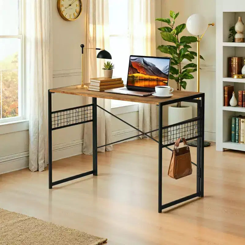 FurnitureR Scrivania Pieghevole, 100 cm Salvaspazio per Studio, Scrivania per Computer con 8 Ganci portaoggetti per Camera da Letto, Ufficio, Dormitorio, Marrone