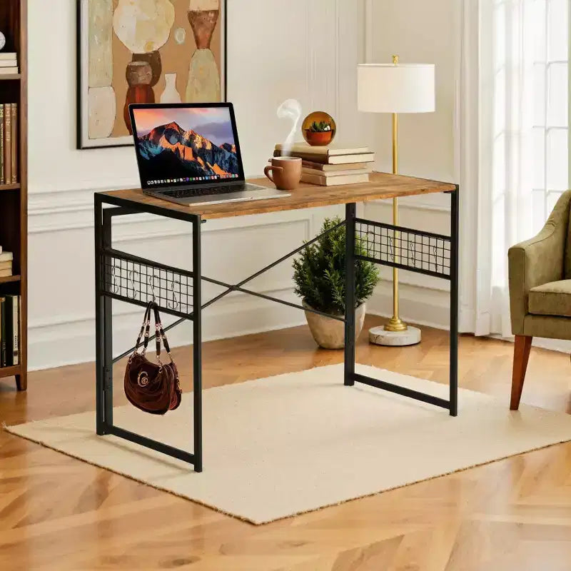 FurnitureR Scrivania Pieghevole, 100 cm Salvaspazio per Studio, Scrivania per Computer con 8 Ganci portaoggetti per Camera da Letto, Ufficio, Dormitorio, Marrone