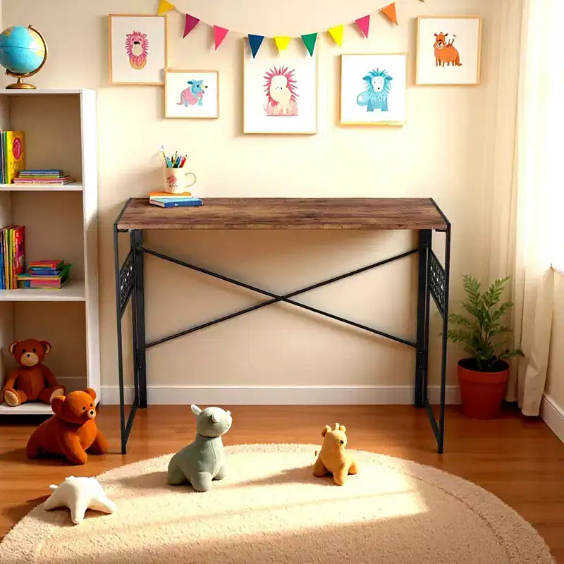 FurnitureR Scrivania Pieghevole, 100 cm Salvaspazio per Studio, Scrivania per Computer con 8 Ganci portaoggetti per Camera da Letto, Ufficio, Dormitorio, Marrone