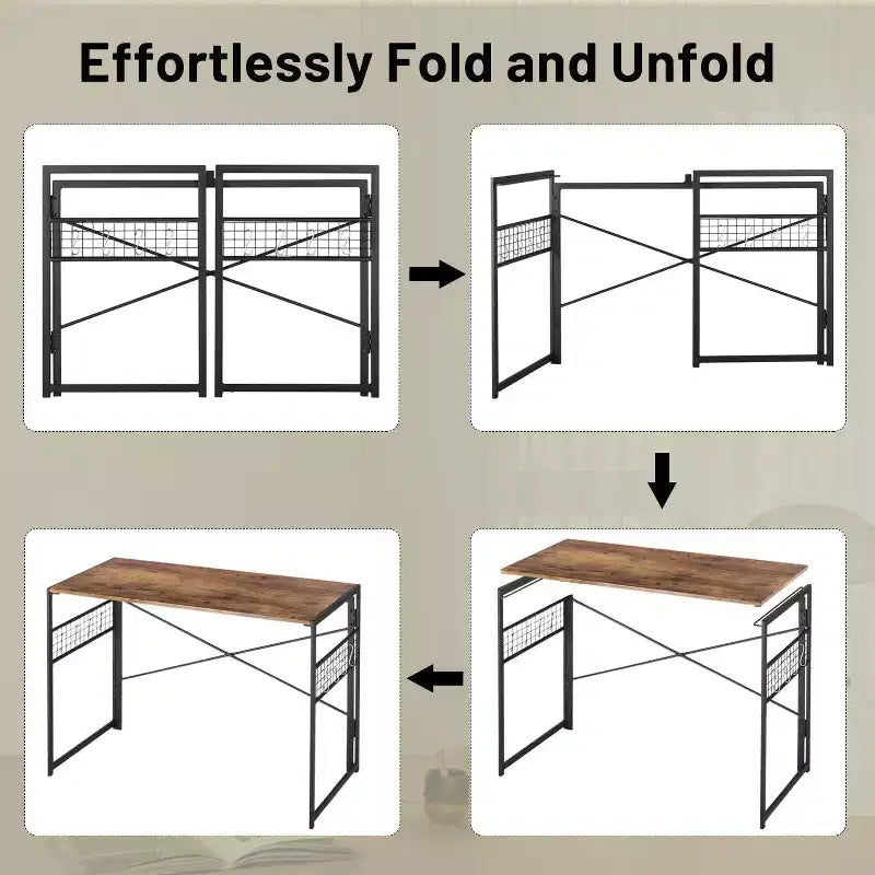 FurnitureR Scrivania Pieghevole, 100 cm Salvaspazio per Studio, Scrivania per Computer con 8 Ganci portaoggetti per Camera da Letto, Ufficio, Dormitorio, Marrone