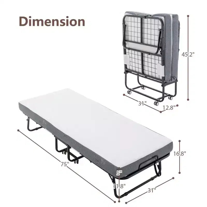 Letto Pieghevole con Materasso, Letto Pieghevole Portatile con Materasso in Memory Foam a 5 Strati e Struttura in Metallo, Letto Pieghevole per Ospiti su Ruote con Tasca Laterale