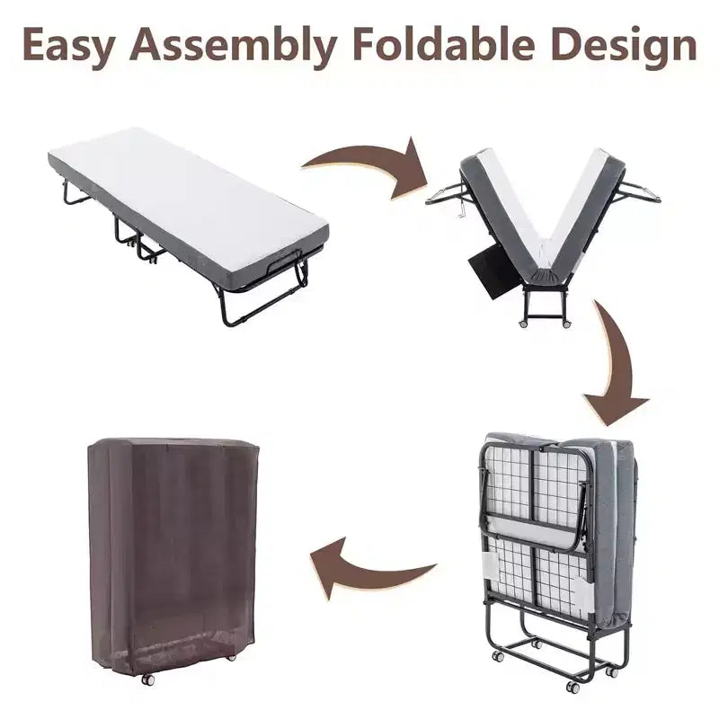 Letto Pieghevole con Materasso, Letto Pieghevole Portatile con Materasso in Memory Foam a 5 Strati e Struttura in Metallo, Letto Pieghevole per Ospiti su Ruote con Tasca Laterale