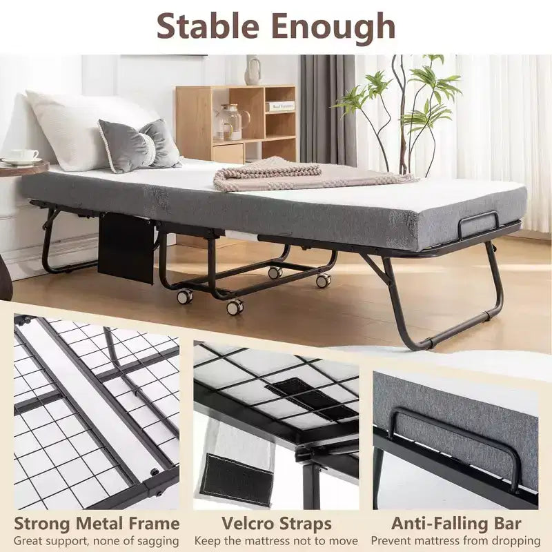 Letto Pieghevole con Materasso, Letto Pieghevole Portatile con Materasso in Memory Foam a 5 Strati e Struttura in Metallo, Letto Pieghevole per Ospiti su Ruote con Tasca Laterale