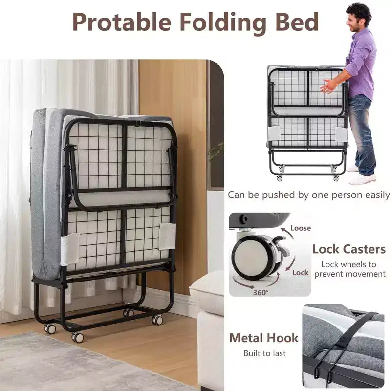 Letto Pieghevole con Materasso, Letto Pieghevole Portatile con Materasso in Memory Foam a 5 Strati e Struttura in Metallo, Letto Pieghevole per Ospiti su Ruote con Tasca Laterale