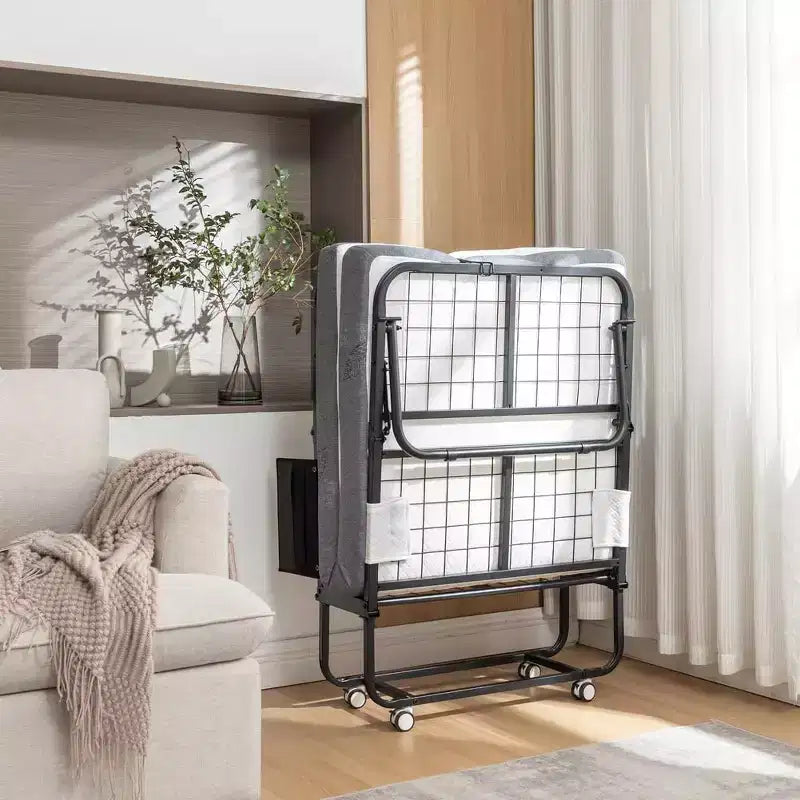 Letto Pieghevole con Materasso, Letto Pieghevole Portatile con Materasso in Memory Foam a 5 Strati e Struttura in Metallo, Letto Pieghevole per Ospiti su Ruote con Tasca Laterale
