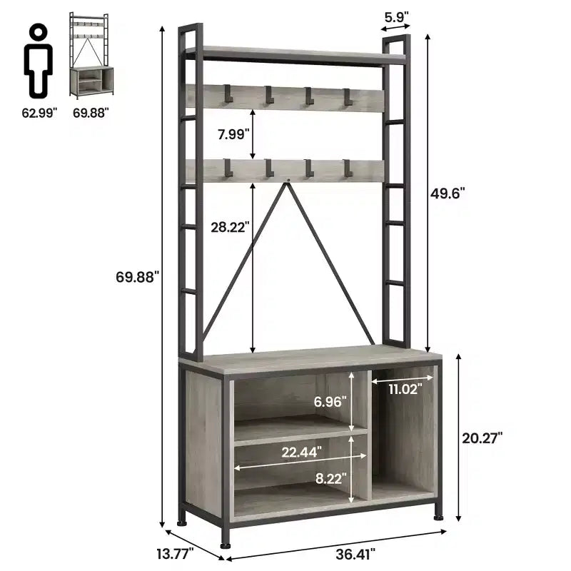 Panca da ingresso da 177 cm per impieghi gravosi con appendiabiti e scarpiera, organizer appendiabiti con 8 ganci rimovibili per soggiorno, camera da letto, ingresso
