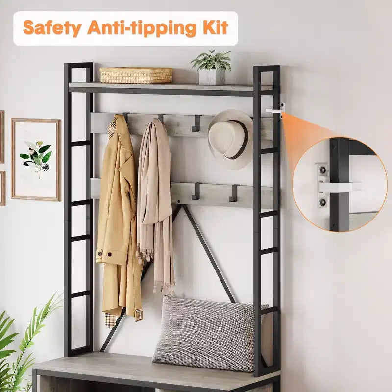 Panca da ingresso da 177 cm per impieghi gravosi con appendiabiti e scarpiera, organizer appendiabiti con 8 ganci rimovibili per soggiorno, camera da letto, ingresso