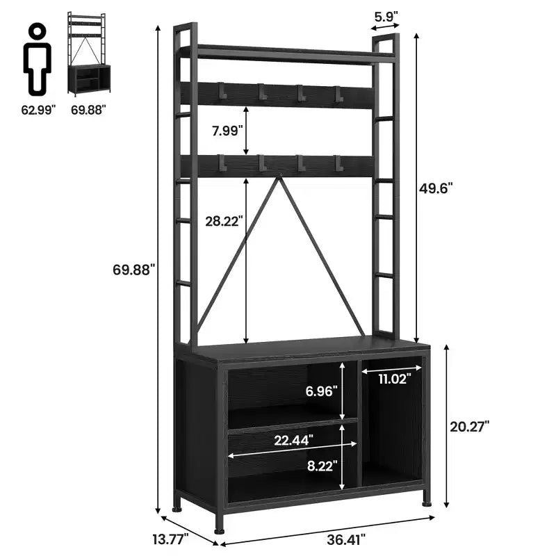 Panca da ingresso da 177 cm per impieghi gravosi con appendiabiti e scarpiera, organizer appendiabiti con 8 ganci rimovibili per soggiorno, camera da letto, ingresso