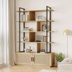 Libreria a 5 ripiani in Rattan con armadietto contenitore, Libreria a colonna da 180,6 cm in stile industriale con ripiani a vista e struttura in metallo per soggiorno