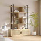 Libreria a 5 ripiani in Rattan con armadietto contenitore, Libreria a colonna da 180,6 cm in stile industriale con ripiani a vista e struttura in metallo per soggiorno