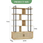 Libreria a 5 ripiani in Rattan con armadietto contenitore, Libreria a colonna da 180,6 cm in stile industriale con ripiani a vista e struttura in metallo per soggiorno