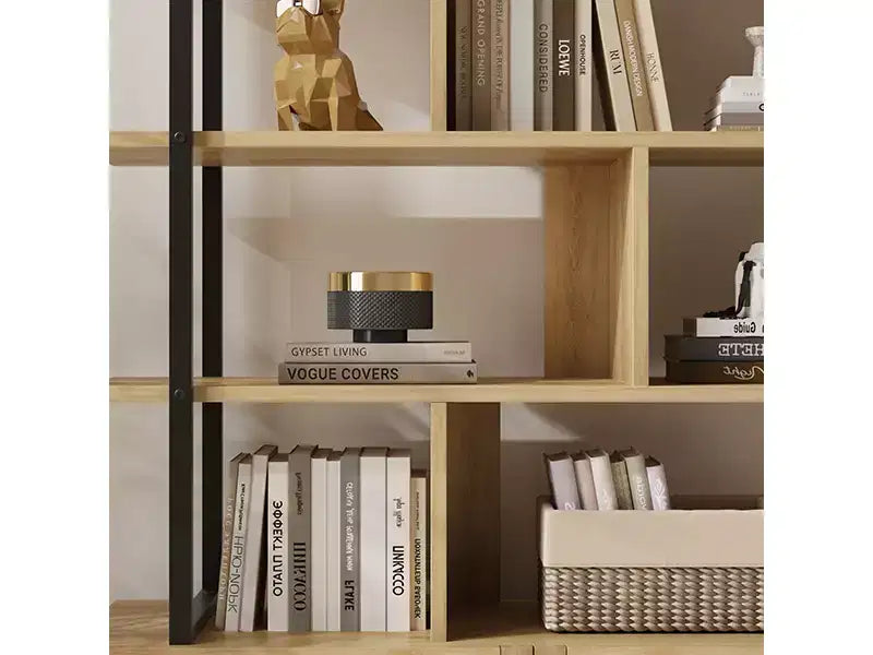 Libreria a 5 ripiani in Rattan con armadietto contenitore, Libreria a colonna da 180,6 cm in stile industriale con ripiani a vista e struttura in metallo per soggiorno
