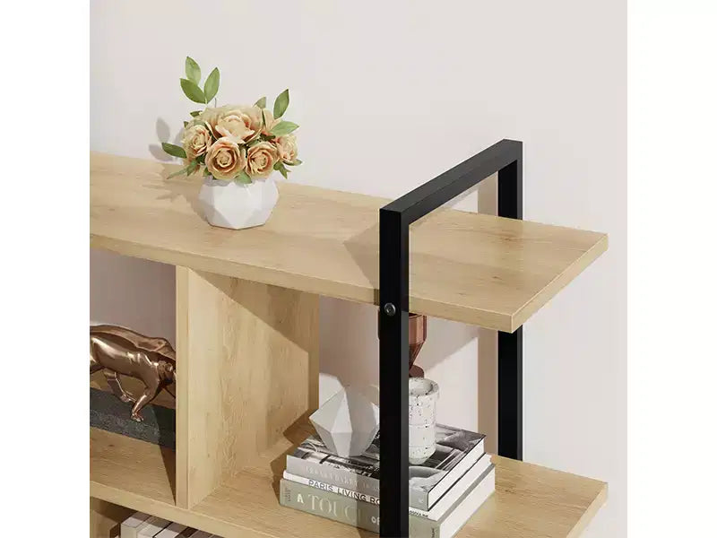 Libreria a 5 ripiani in Rattan con armadietto contenitore, Libreria a colonna da 180,6 cm in stile industriale con ripiani a vista e struttura in metallo per soggiorno