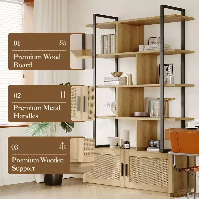 Libreria a 5 ripiani in Rattan con armadietto contenitore, Libreria a colonna da 180,6 cm in stile industriale con ripiani a vista e struttura in metallo per soggiorno