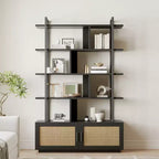 Libreria a 5 ripiani in Rattan con armadietto contenitore, Libreria a colonna da 180,6 cm in stile industriale con ripiani a vista e struttura in metallo per soggiorno