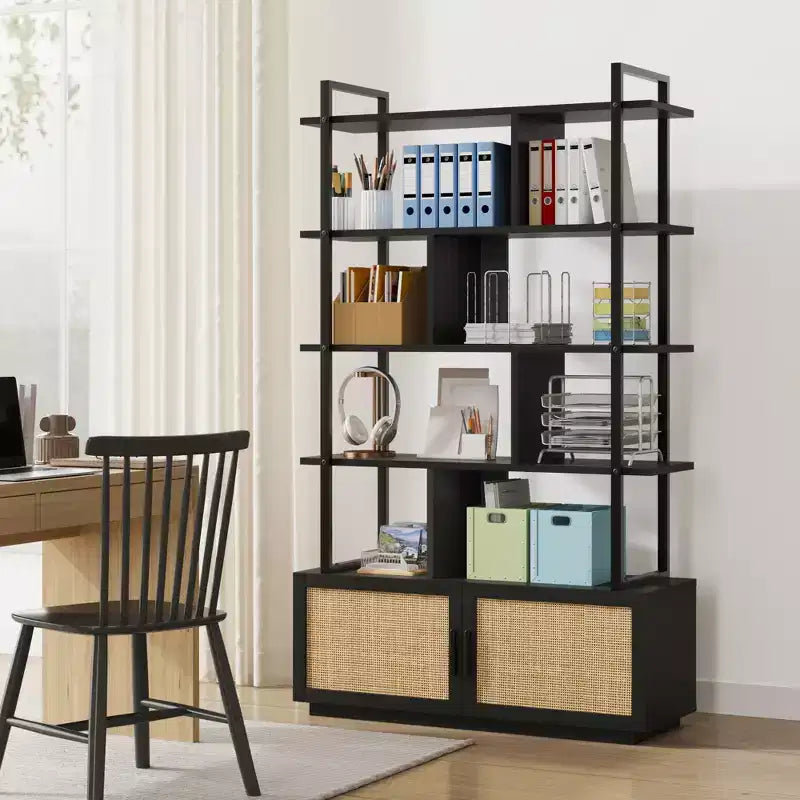 Libreria a 5 ripiani in Rattan con armadietto contenitore, Libreria a colonna da 180,6 cm in stile industriale con ripiani a vista e struttura in metallo per soggiorno