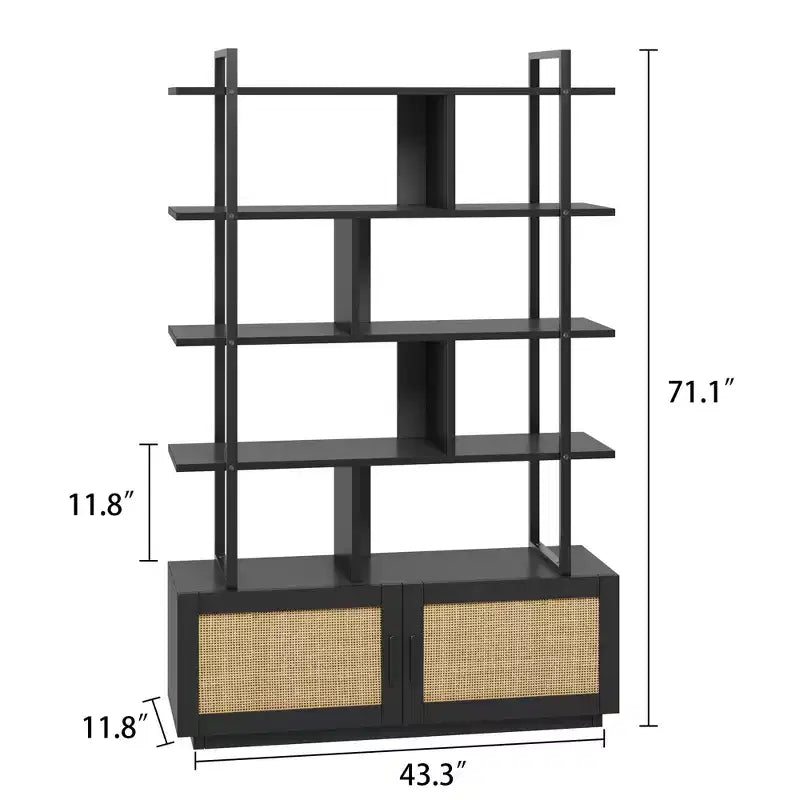 Libreria a 5 ripiani in Rattan con armadietto contenitore, Libreria a colonna da 180,6 cm in stile industriale con ripiani a vista e struttura in metallo per soggiorno