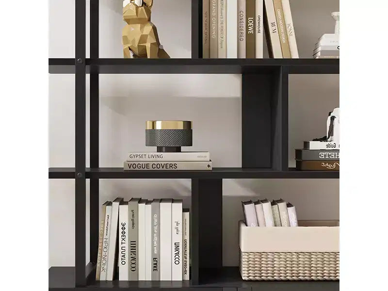 Libreria a 5 ripiani in Rattan con armadietto contenitore, Libreria a colonna da 180,6 cm in stile industriale con ripiani a vista e struttura in metallo per soggiorno
