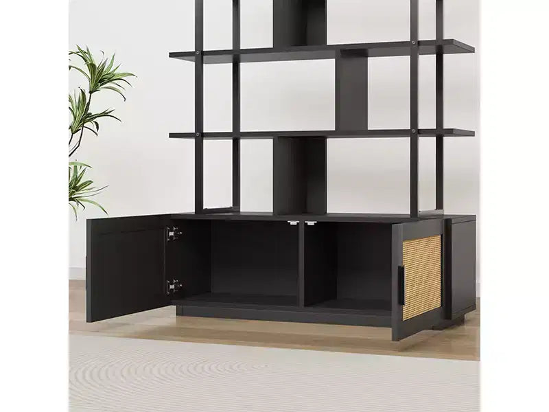 Libreria a 5 ripiani in Rattan con armadietto contenitore, Libreria a colonna da 180,6 cm in stile industriale con ripiani a vista e struttura in metallo per soggiorno