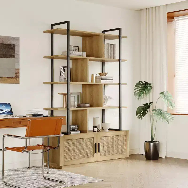 Libreria a 5 ripiani in Rattan con armadietto contenitore, Libreria a colonna da 180,6 cm in stile industriale con ripiani a vista e struttura in metallo per soggiorno
