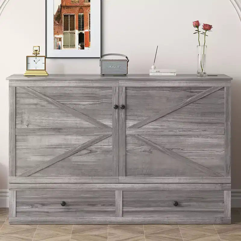 Mjkone Letto a Scomparsa Moderno per Piazza Francese/Matrimoniale con Cassettiera, SENZA MATERASSO, GRIGIO