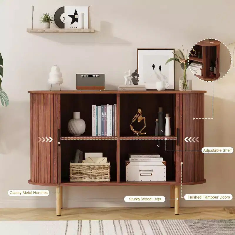 GustoWave 47 Mobile buffet scanalato con ante scorrevoli, credenza contenitore moderna in legno con ripiani regolabili