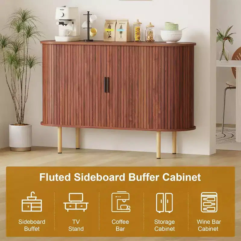 GustoWave 47 Mobile buffet scanalato con ante scorrevoli, credenza contenitore moderna in legno con ripiani regolabili