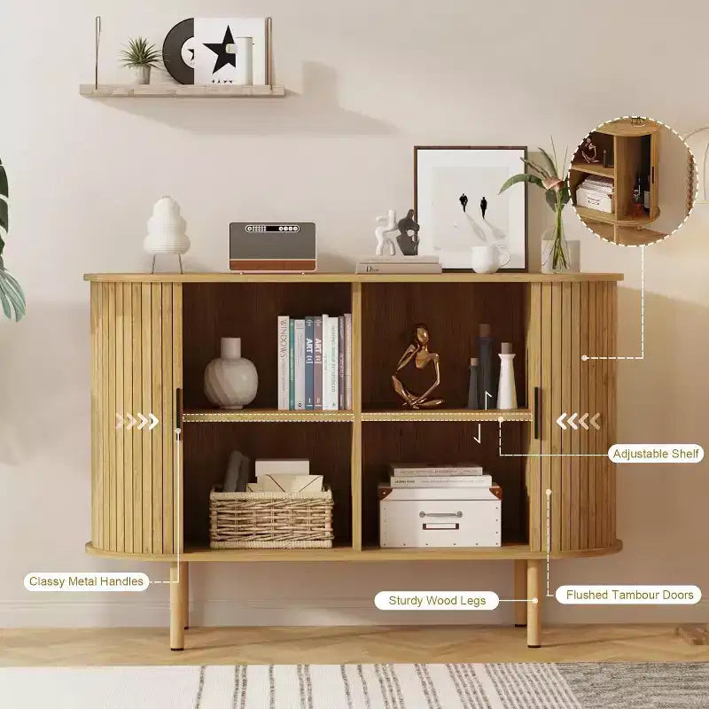 GustoWave 47 Mobile buffet scanalato con ante scorrevoli, credenza contenitore moderna in legno con ripiani regolabili