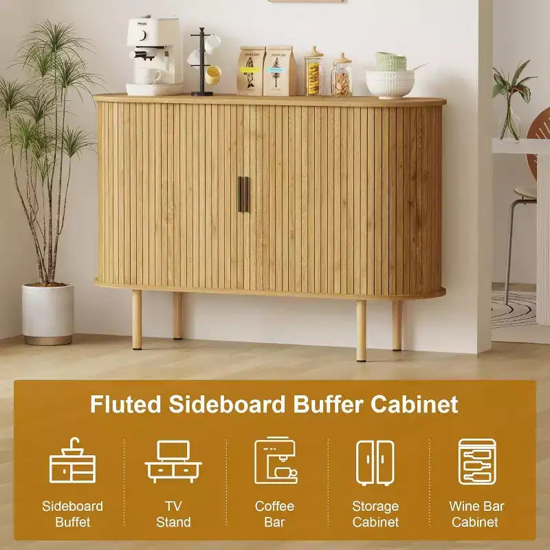 GustoWave 47 Mobile buffet scanalato con ante scorrevoli, credenza contenitore moderna in legno con ripiani regolabili