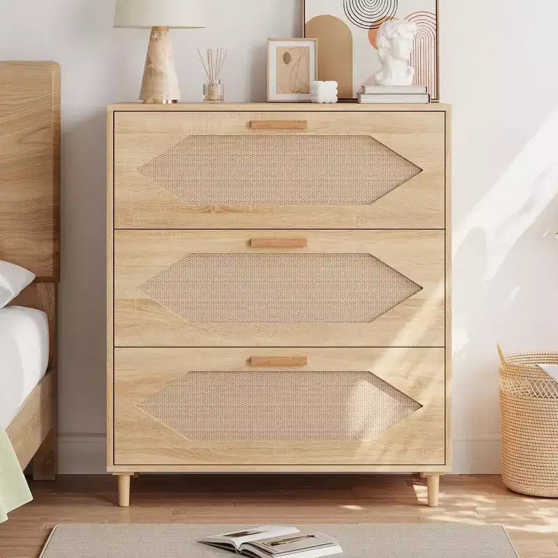 3 Drawer Rattan Dresser for Bedroom, Rattan Modern Dresser Wood Chest of Drawers, Wooden Storage Cabinets for Bedrooms,Living Rooms and Entryways