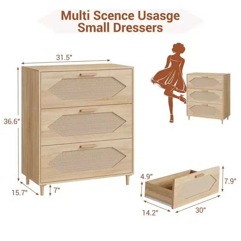 Cassettiera a 3 cassetti in rattan per camera da letto, cassettiera moderna in rattan, cassettiera in legno, armadietti portaoggetti in legno per camere da letto, soggiorni e ingressi