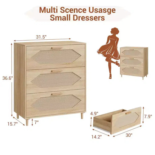 Cassettiera a 3 cassetti in rattan per camera da letto, cassettiera moderna in rattan, cassettiera in legno, armadietti portaoggetti in legno per camere da letto, soggiorni e ingressi