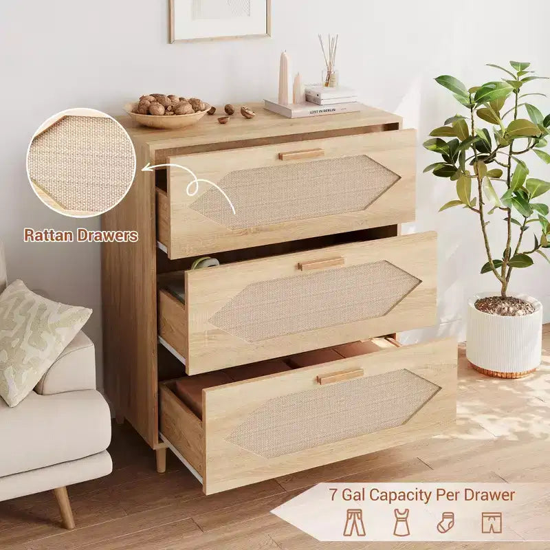 Cassettiera a 3 cassetti in rattan per camera da letto, cassettiera moderna in rattan, cassettiera in legno, armadietti portaoggetti in legno per camere da letto, soggiorni e ingressi