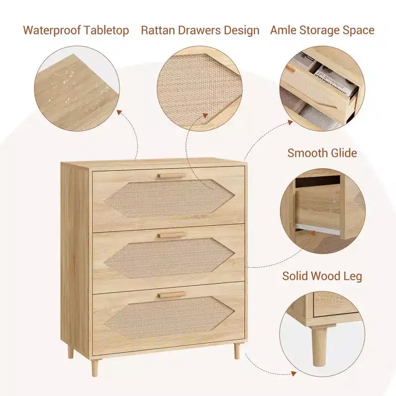 Cassettiera a 3 cassetti in rattan per camera da letto, cassettiera moderna in rattan, cassettiera in legno, armadietti portaoggetti in legno per camere da letto, soggiorni e ingressi