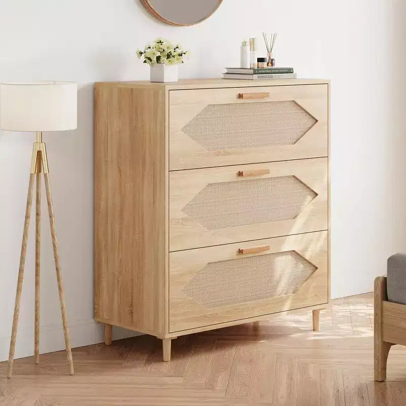 Cassettiera a 3 cassetti in rattan per camera da letto, cassettiera moderna in rattan, cassettiera in legno, armadietti portaoggetti in legno per camere da letto, soggiorni e ingressi