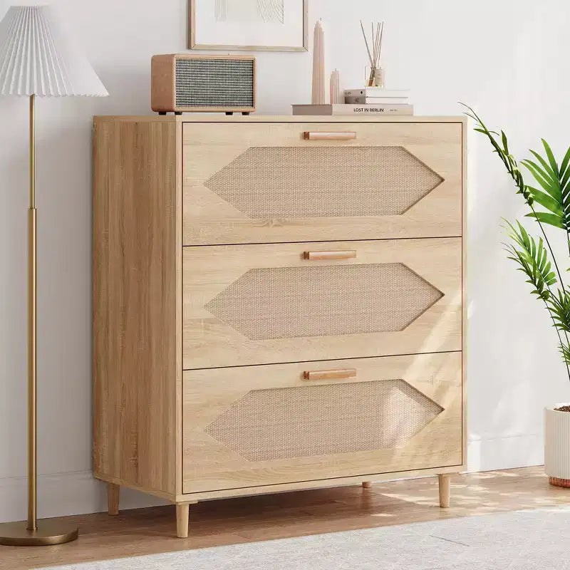 Cassettiera a 3 cassetti in rattan per camera da letto, cassettiera moderna in rattan, cassettiera in legno, armadietti portaoggetti in legno per camere da letto, soggiorni e ingressi