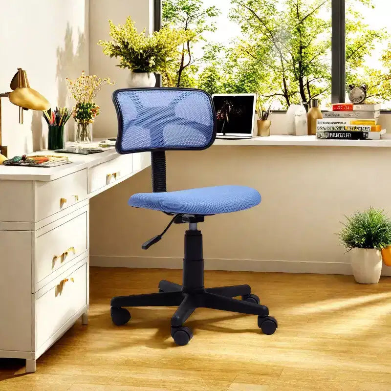 Sedia da Scrivania FurnituureR Schienale Basso, Sedia da Studio in Rete Senza Braccioli Ergonomica Girevole Regolabile con Rotelle per Casa Ufficio Camera da Letto Studio, Blu