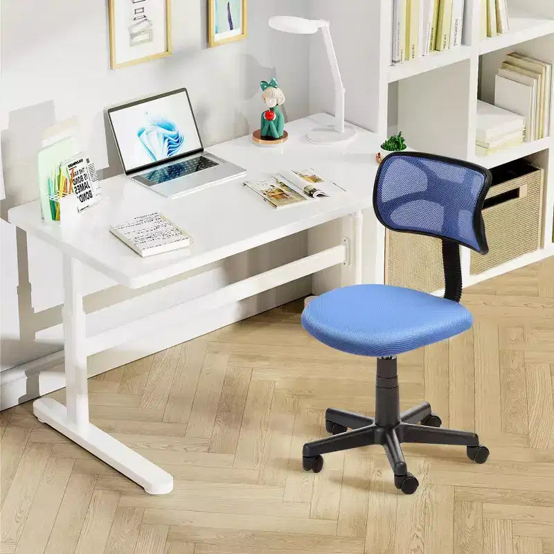 Sedia da Scrivania FurnituureR Schienale Basso, Sedia da Studio in Rete Senza Braccioli Ergonomica Girevole Regolabile con Rotelle per Casa Ufficio Camera da Letto Studio, Blu