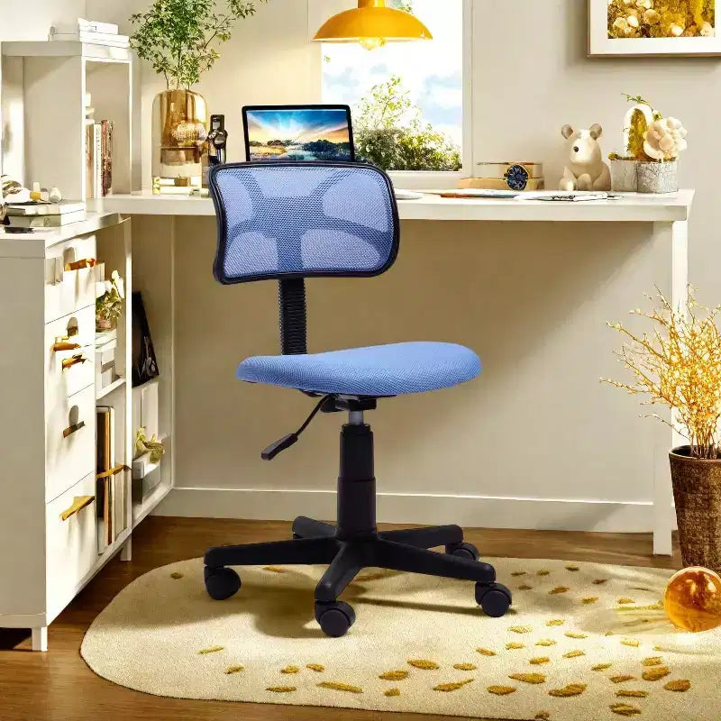 Sedia da Scrivania FurnituureR Schienale Basso, Sedia da Studio in Rete Senza Braccioli Ergonomica Girevole Regolabile con Rotelle per Casa Ufficio Camera da Letto Studio, Blu