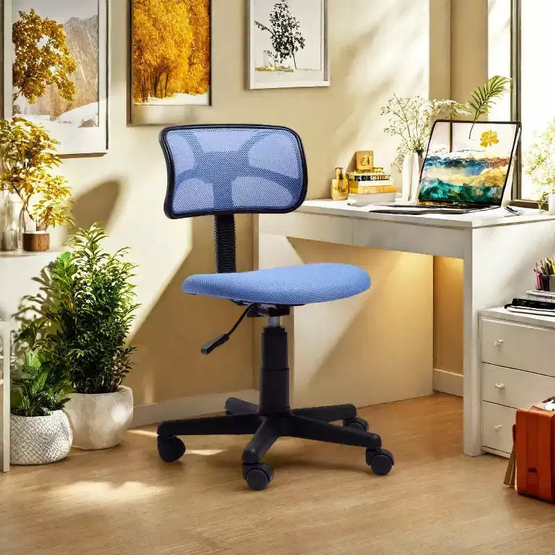 Sedia da Scrivania FurnituureR Schienale Basso, Sedia da Studio in Rete Senza Braccioli Ergonomica Girevole Regolabile con Rotelle per Casa Ufficio Camera da Letto Studio, Blu