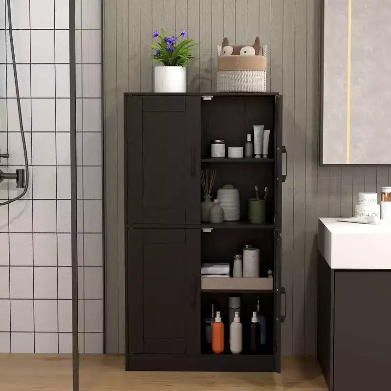 Costway Mobiletto da Bagno con Ante e Ripiani Regolabili, Armadietto Contenitore per Soggiorno, Bianco/Nero/Marrone