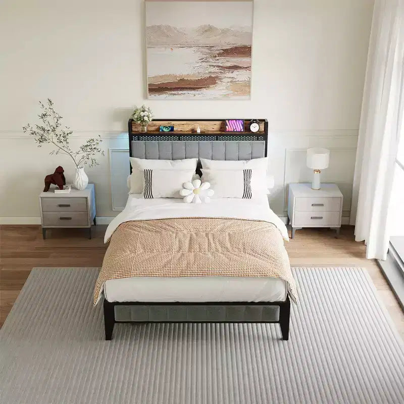 Telaio letto a piattaforma imbottito in lino con testiera contenitore e luci, stazione di ricarica integrata, doghe in metallo resistente, grigio
