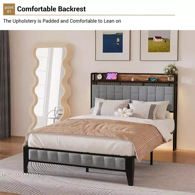 Telaio letto a piattaforma imbottito in lino con testiera contenitore e luci, stazione di ricarica integrata, doghe in metallo resistente, grigio