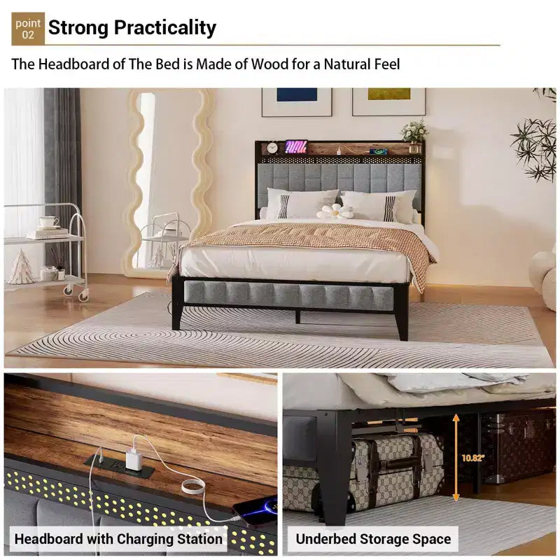 Telaio letto a piattaforma imbottito in lino con testiera contenitore e luci, stazione di ricarica integrata, doghe in metallo resistente, grigio