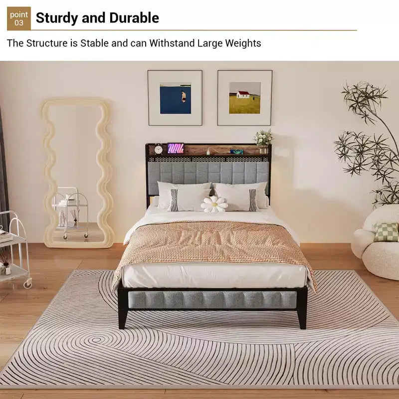 Telaio letto a piattaforma imbottito in lino con testiera contenitore e luci, stazione di ricarica integrata, doghe in metallo resistente, grigio