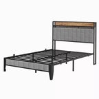 Telaio letto a piattaforma imbottito in lino con testiera contenitore e luci, stazione di ricarica integrata, doghe in metallo resistente, grigio