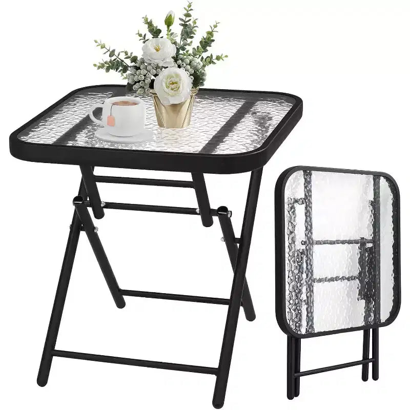 VINGLI Folding Glass Outdoor Side Table, 18 Inches Small Foldable Patio Bistro Table with Tempered Glass Table Top,Rectangular