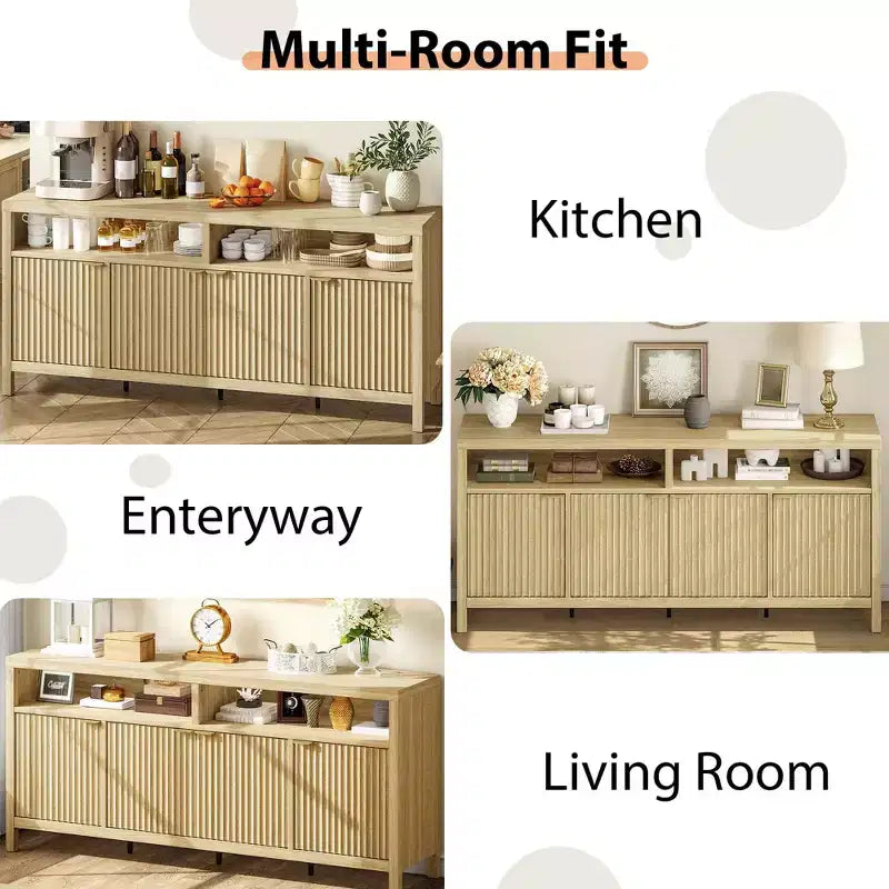 GustoWave 65.8 in Credenza Buffet con Ante Scanalate, Mobile Contenitore Moderno da Cucina con Ante Scanalate, Elegante Texture del Legno