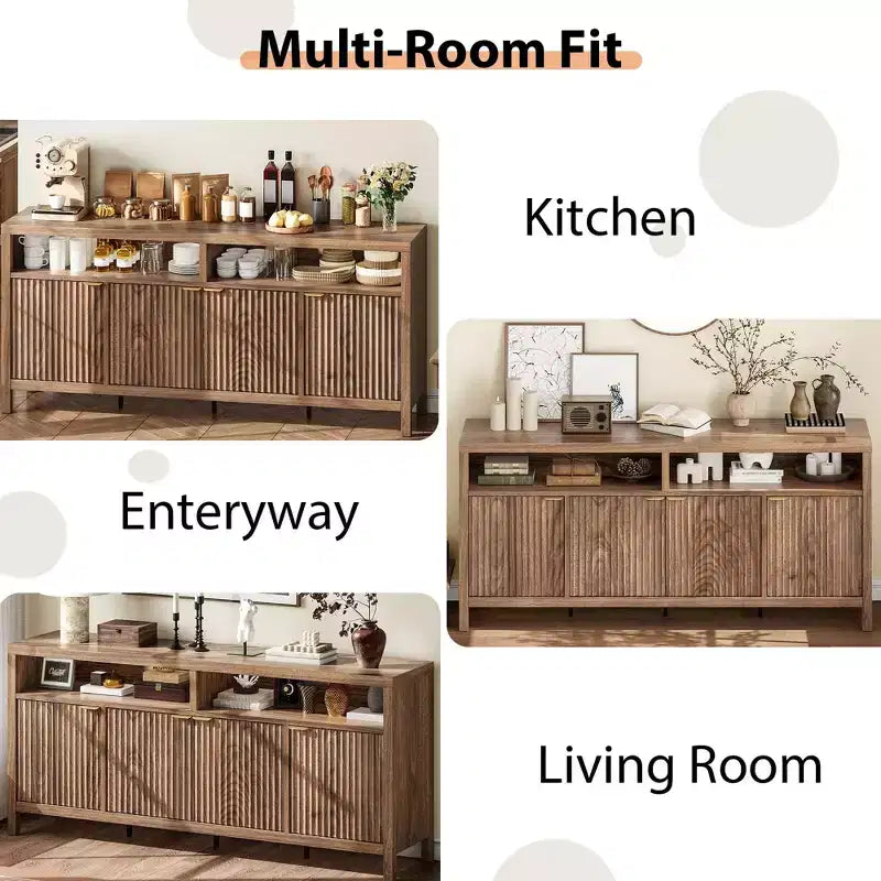 GustoWave 65.8 in Credenza Buffet con Ante Scanalate, Mobile Contenitore Moderno da Cucina con Ante Scanalate, Elegante Texture del Legno